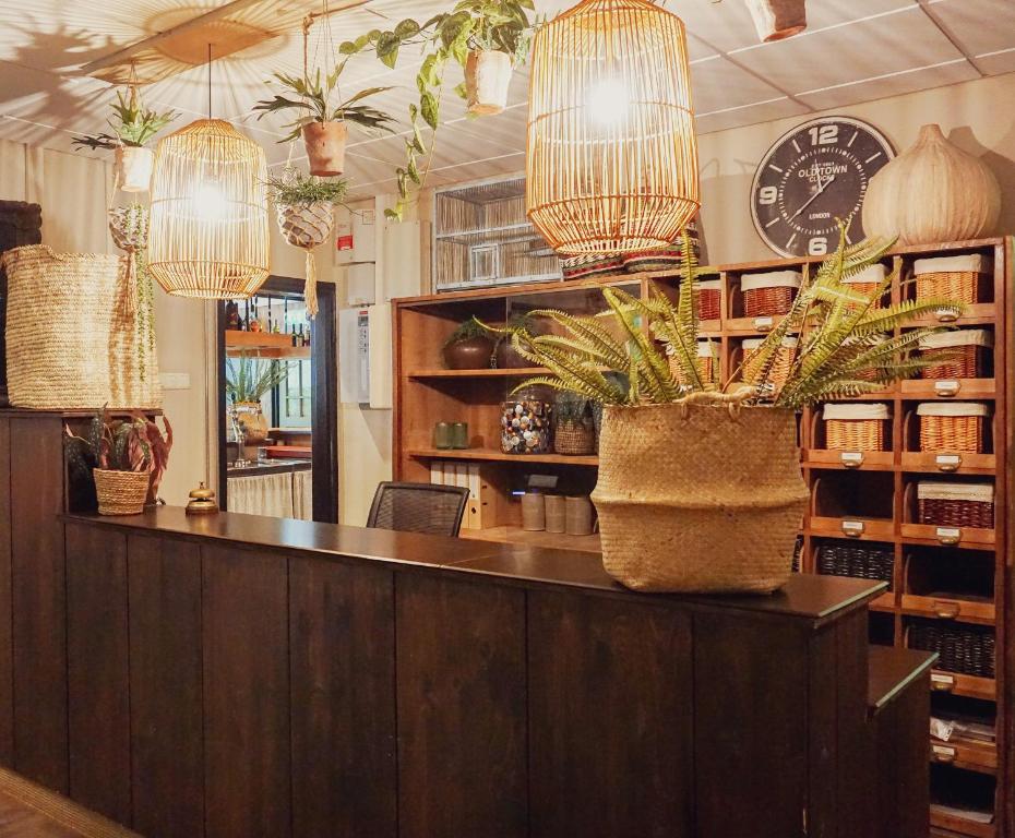 a lobby with a counter with potted plants and chandeliers at Forest Hotel in Den Helder