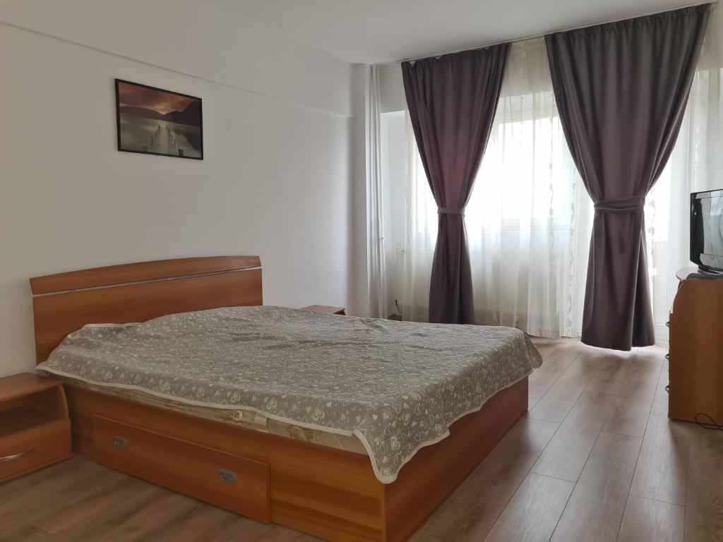 a bedroom with a bed in front of a window at Apartament ANNA in Târgovişte