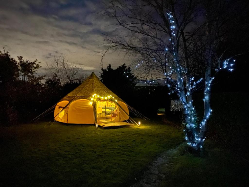 a tent with lights in a field at night at Secret Garden Glamping in Lymington