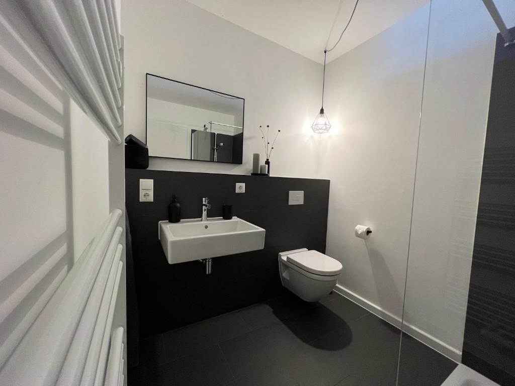 a bathroom with a white sink and a toilet at Apartmenthaus Stade Schwingewiesen Apartment 2 in Stade