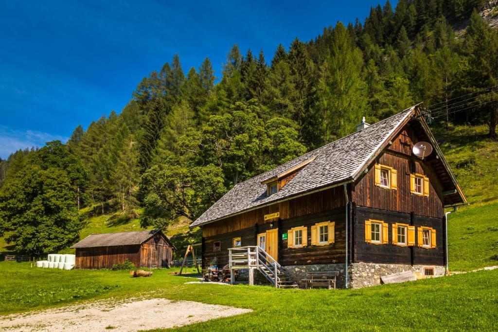 a large wooden house with a barn in a field at Hauserlhütte in Zederhaus