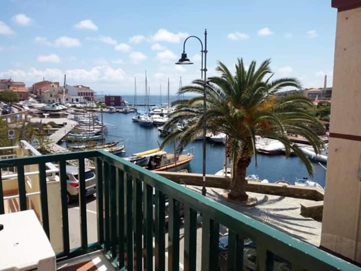 a balcony with a palm tree and boats in a marina at casetta sul porticciolo in Stintino