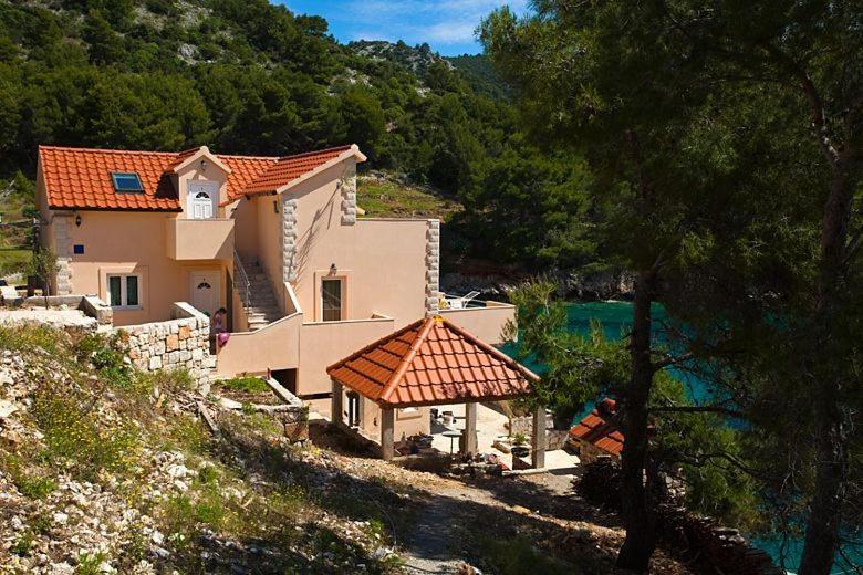 ZastražišćeにあるRobinson Medvidna Hvar Apartmentsの水辺の丘の上の家