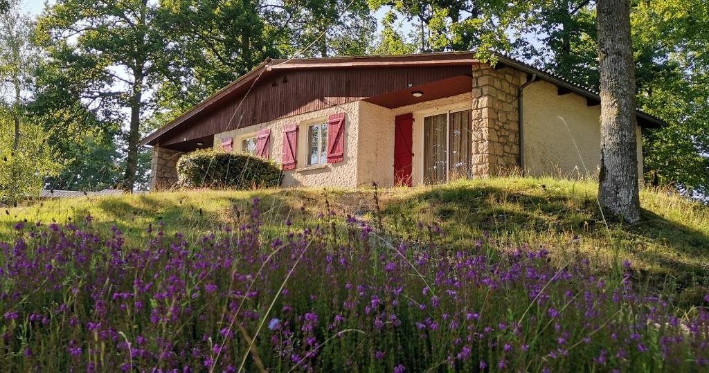 ein Haus auf einem Hügel mit lila Blumen in der Unterkunft Résidence de Tourisme LE VENDAHAUT in Lapleau