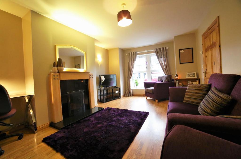a living room with a couch and a fireplace at Fermanagh Home in Enniskillen
