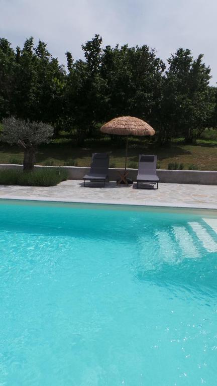 two chairs and an umbrella next to a swimming pool at Sotto La Vigna Charm Stay Adults only vacation Bed and breakfast room in Montegrosso dʼAsti