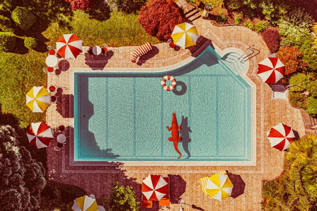 an aerial view of a swimming pool with umbrellas at Amadeus Ora & Amore in Caldaro