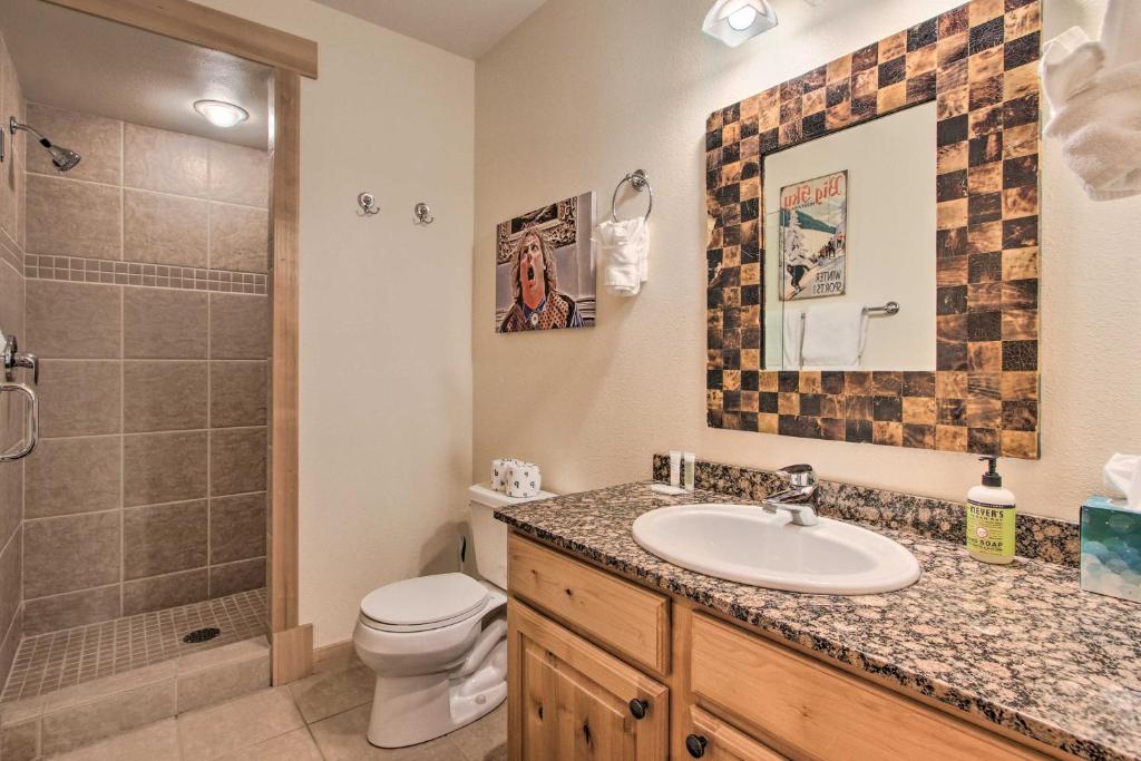 a bathroom with a sink and a shower and a toilet at Lovely Big Sky Getaway Near Skiing and Golf! in Big Sky