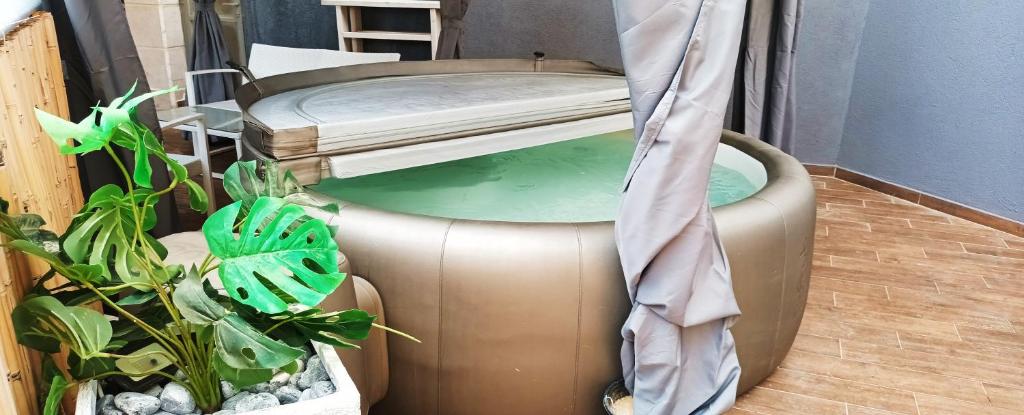 a spa tub with a bed and potted plants at Beach Suite Israel- Private Jacuzzi Garden Suite & Gym, 3 Min Walk To Beach ביץ סוייט ישראל- ג'קוזי פרטי בגינה 3 דקות הליכה לים וחדר כושר in Ashqelon