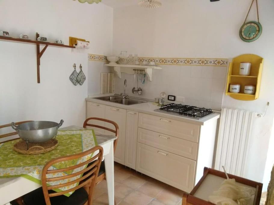Il comprend une cuisine équipée d'une table, d'un évier et d'une cuisinière. dans l'établissement Case Vacanze Nel Parco Nazionale Del Cilento, à Stella Cilento