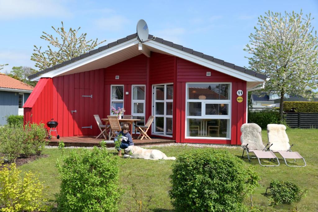 un hangar rouge avec un chien assis dans la cour dans l'établissement Strandpark 11, à Grömitz