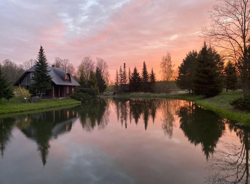 a house sitting next to a lake with a sunset at Šauklių pirtelė in Šaukliai