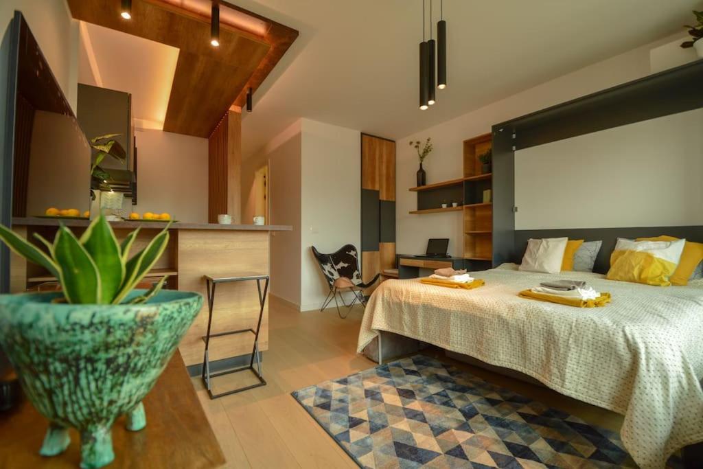 a bedroom with a large bed and a kitchen at STUDIO K district (central BG+private parking) in Belgrade