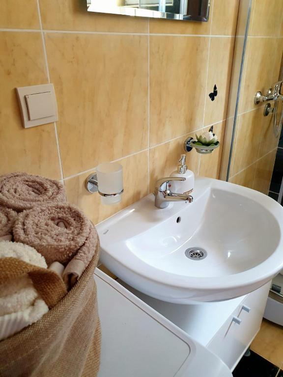 a bathroom with a sink and a toilet and a white sink at Apartment Macic Dub II in Kotor