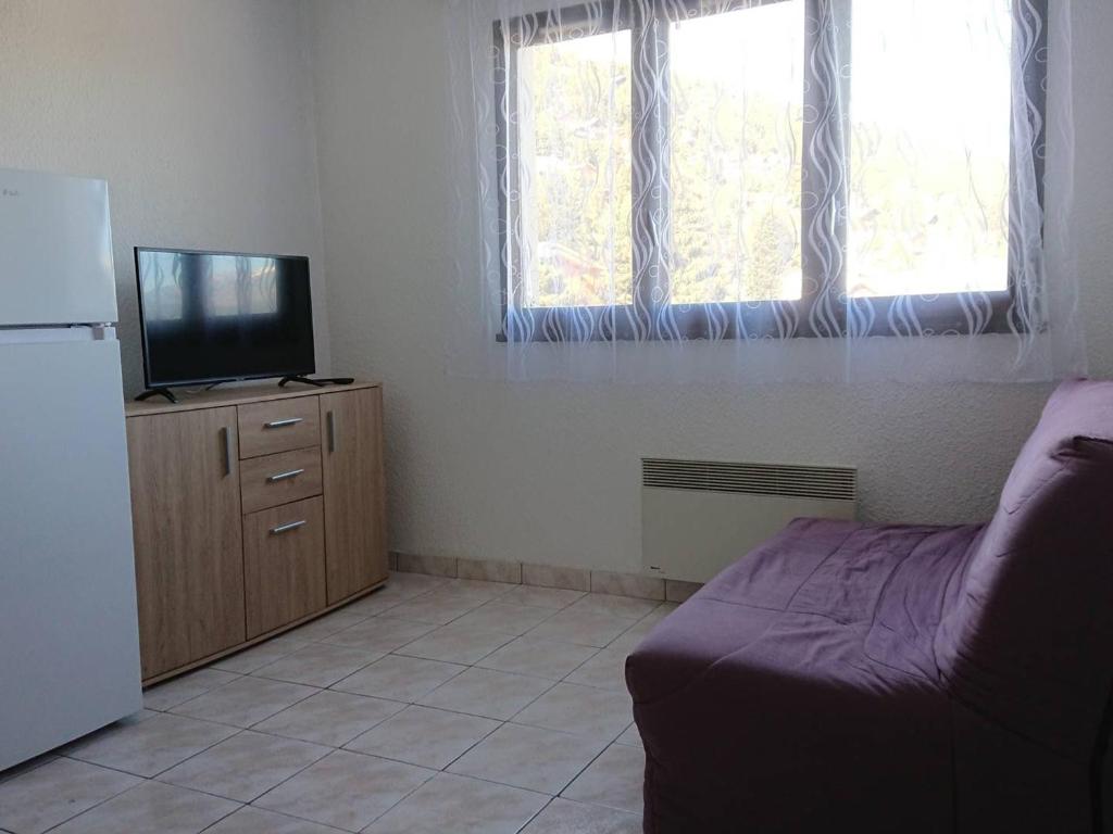 Il comprend un salon avec un réfrigérateur et une télévision. dans l'établissement Studio Cabine Aux Angles avec Garage et Equipements Complets - FR-1-593-62, aux Angles