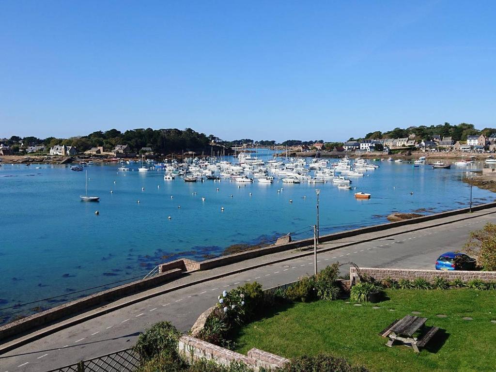 un port rempli de nombreux bateaux dans l'eau dans l'établissement Appartement 1 chambre avec WIFI, parking, animaux admis à Perros-Guirec - FR-1-368-302, à Perros-Guirec