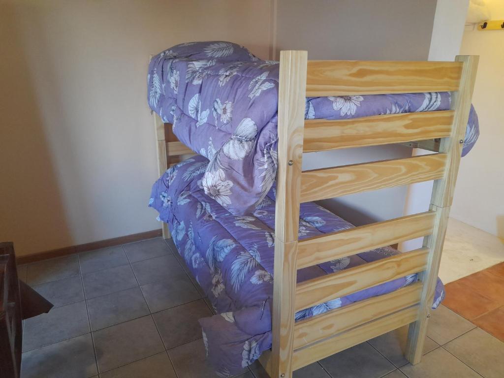 Ce lit superposé se trouve dans un dortoir avec une échelle. dans l'établissement AzulTDF, à Ushuaia