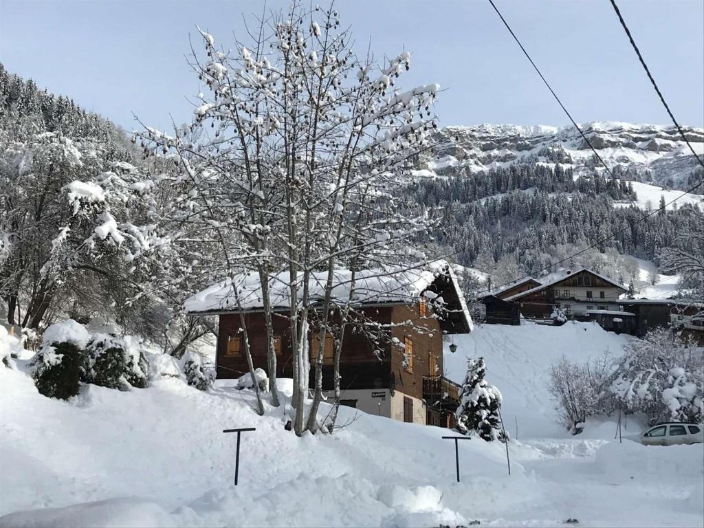 a house covered in snow in front of a tree at Chalet 3* à Arêches, 100m², 8 pers, 4 ch, Pied des Pistes, Cheminée, Terrasse, Wifi - FR-1-342-246 in Beaufort