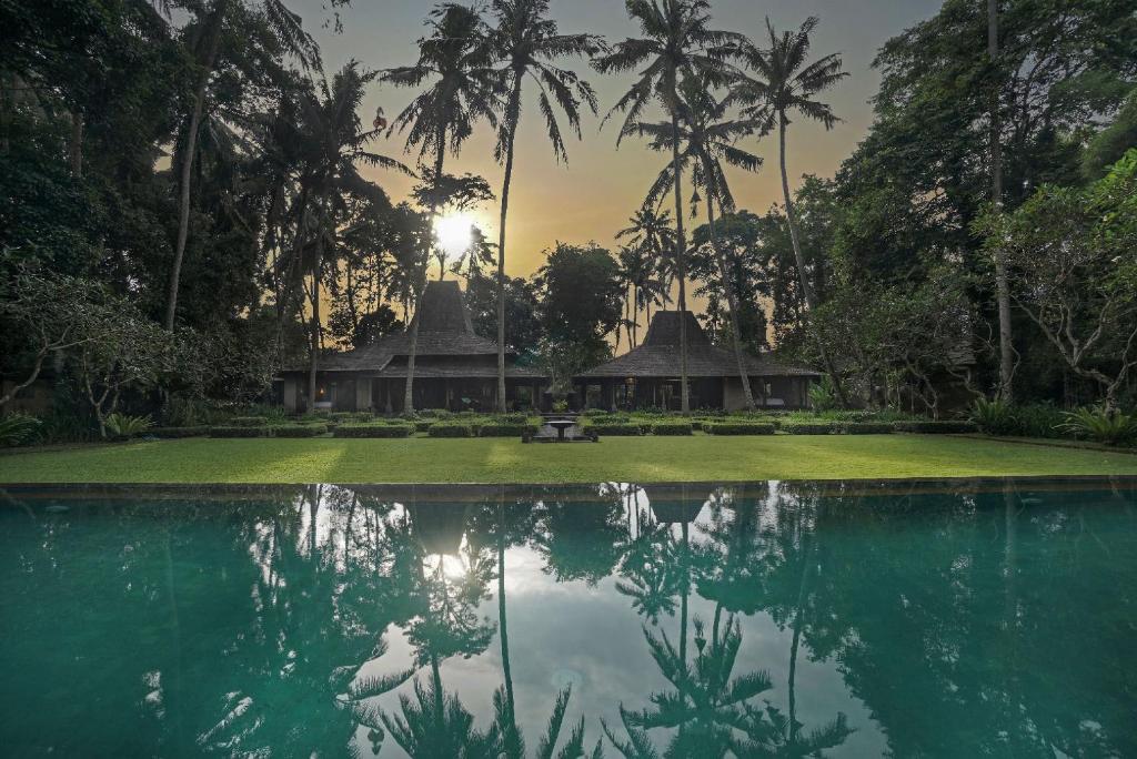 a villa with palm trees and a swimming pool at Villa Puri Tupai in Ubud