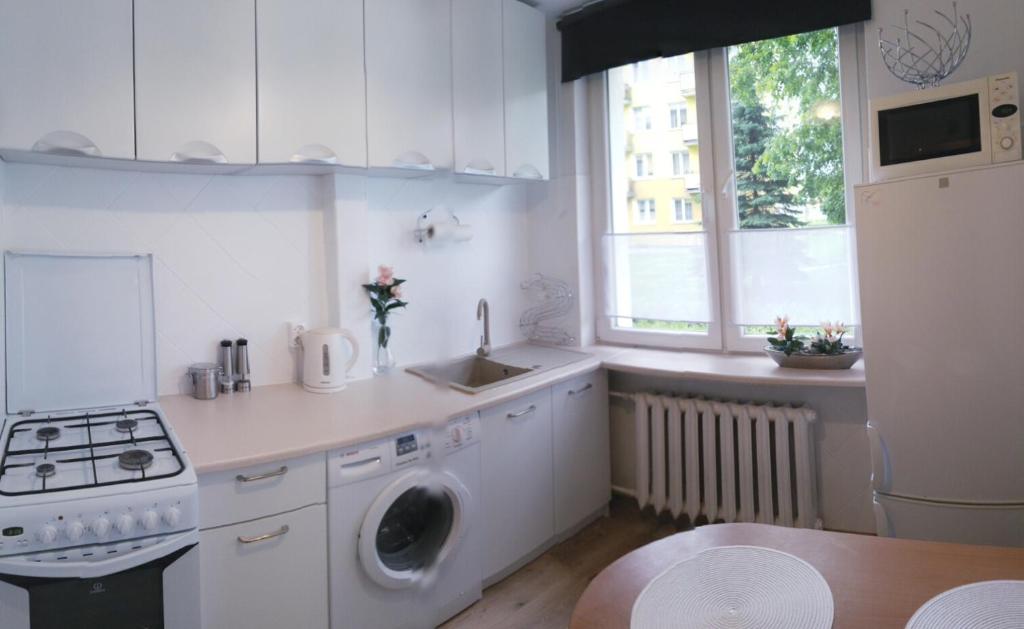 cocina con fregadero y lavadora en Apartament Zamość Brąz, en Zamość