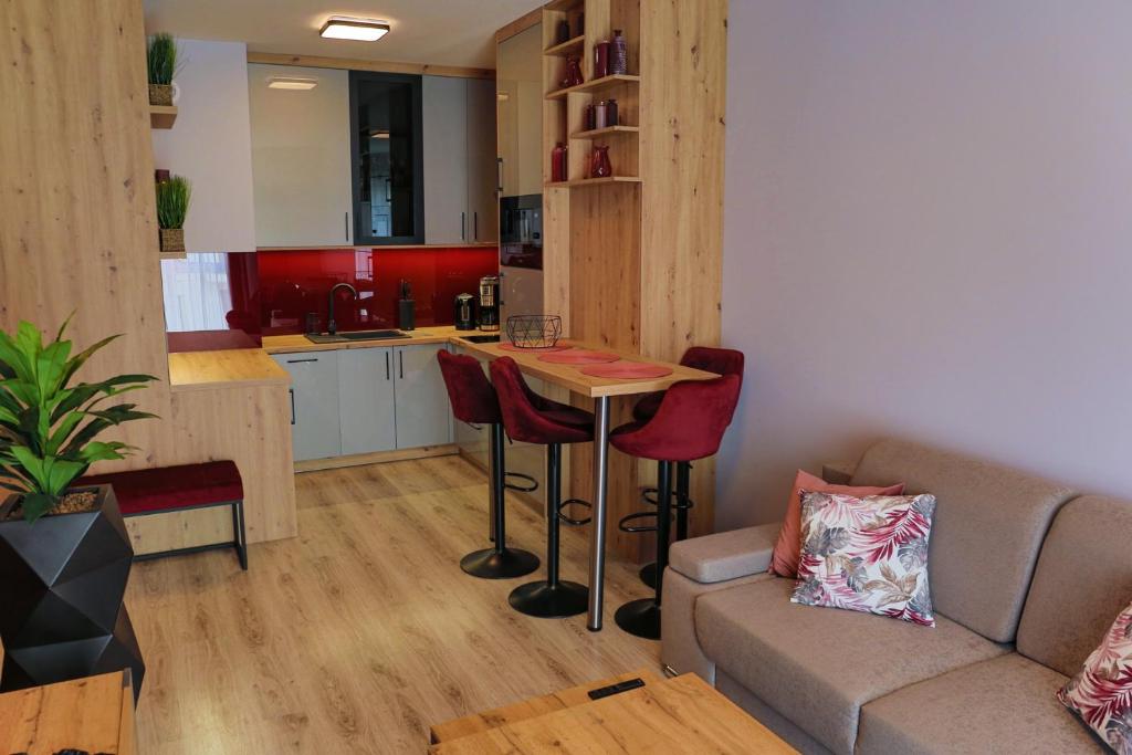 een woonkamer met een bank en een keuken bij APARTAMENT ELEGANCE RED w Let's Sea in Gąski
