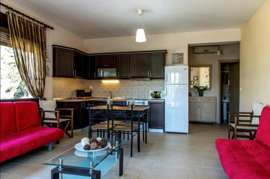 a kitchen and a living room with a kitchen and a living room at Canal Luxury Apartments in Nea Potidaea