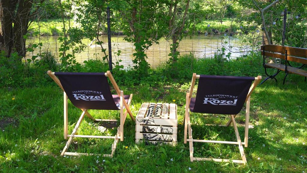 dwa krzesła siedzące w trawie obok ławki w obiekcie Apartament ZAMURNA 4 w Golubiu-Dobrzyniu