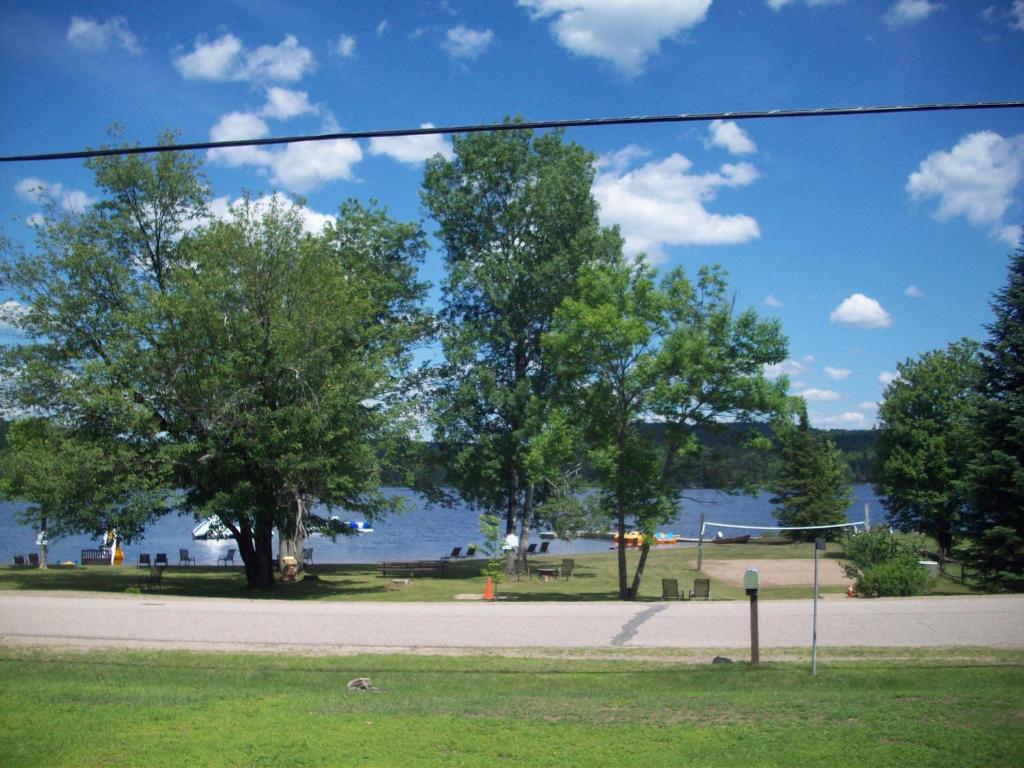 uitzicht op een park met bomen en een meer bij Lakewoods Cottage in Oxtongue Lake