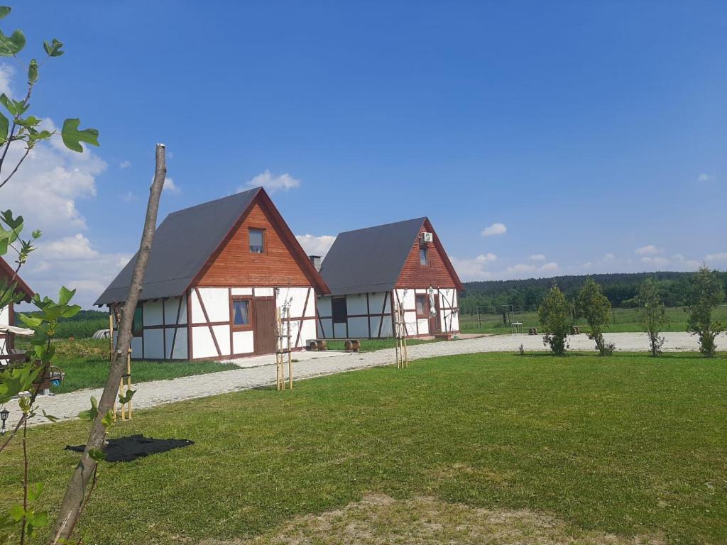 two houses in a field with a grass yard at Ranczo siódmy koń in Złoty Stok