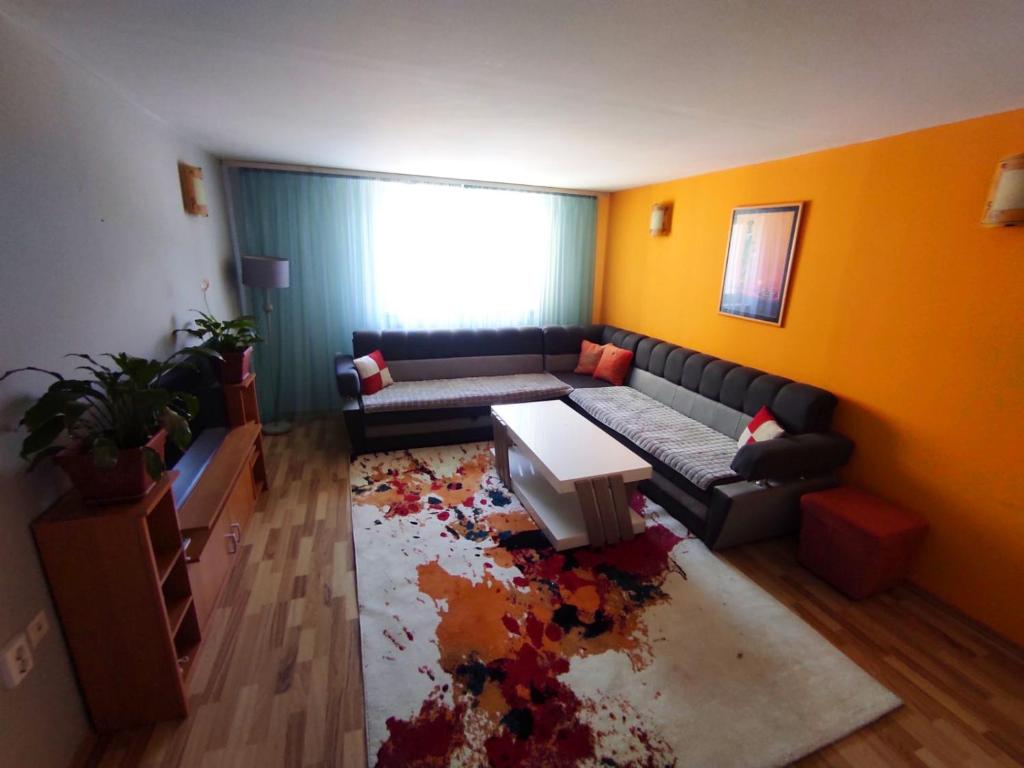 een woonkamer met een bank en een tafel bij Apartment Jasmina Sarajevo in Sarajevo