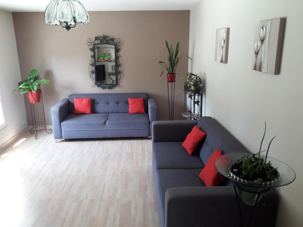 ein Wohnzimmer mit einem blauen Sofa und roten Kissen in der Unterkunft Logis de LANGE apt les Ecureuils in Saint-Hilaire-la-Palud