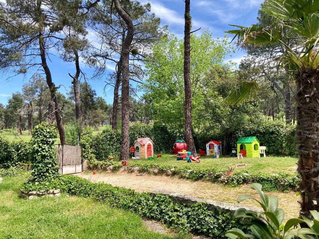 un parque infantil con árboles y césped en Casa Rural Aventura I, en Navaluenga