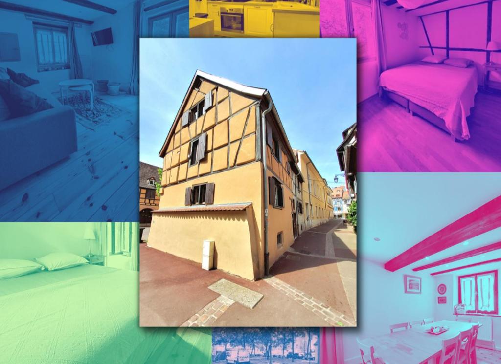 eine Collage mit Bildern eines Hauses mit einem Zimmer in der Unterkunft Gite classé "Le tilleul" in Colmar