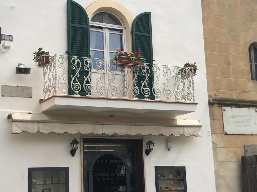 un balcón con persianas verdes y flores en un edificio en B&B La Loggia e L’Orologio, en Castiglione del Lago