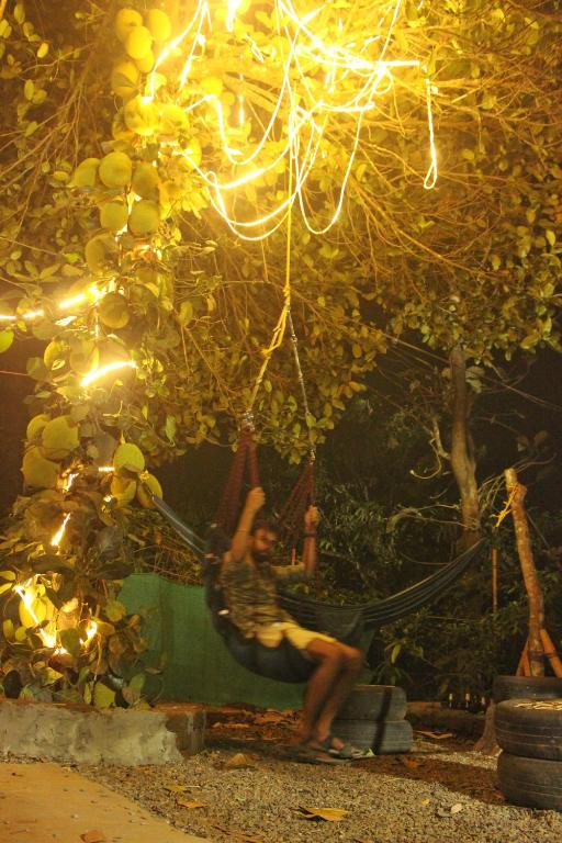 a man sitting on a hammock in a tree at Wayanad Days in Mananthavady