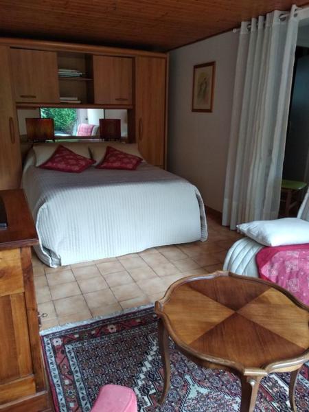 een slaapkamer met een bed, een tafel en een stoel bij Gîte 2 personnes, proche mer in Challans