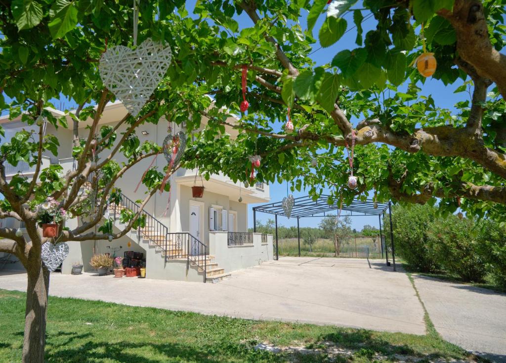 a building with a staircase and a tree with leaves at Morfis Getaway Apartment in Zakynthos