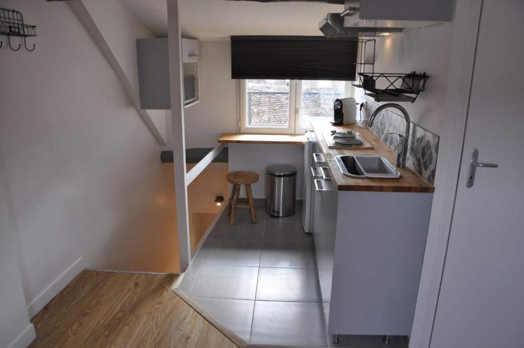 a small kitchen with a sink and a counter at Suites Rive Gauche - FONTAINEBLEAU - Chez Andrea in Fontainebleau