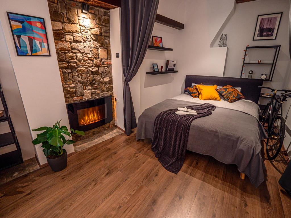 ein Schlafzimmer mit einem Bett und einem Kamin in der Unterkunft Artini Apartments Piran in Piran