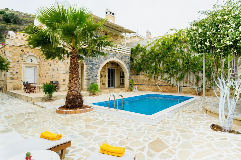 een zwembad met een palmboom en een huis bij Efrosini country villa-Anesis family in Kamilari