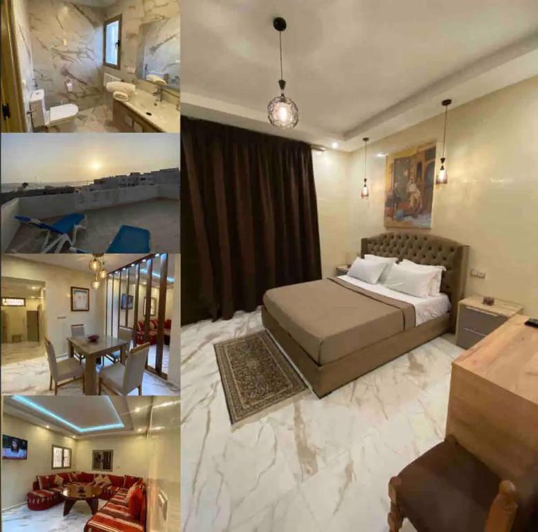 Habitación de hotel con cama y mesa en Magnifique appartement avec terrasse prive vue mer en Essaouira
