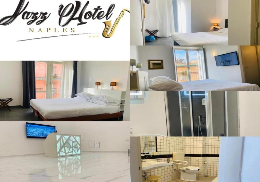uma colagem de fotos de um quarto de hotel com uma cama e um quarto em Jazz Hotel em Nápoles