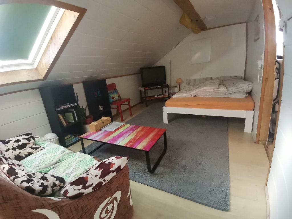 Habitación con cama, sofá y TV. en GästeZimmer im Altbau Dachgeschoss mit kleinem Bad WLAN, TV und Parkplatz en Lachen