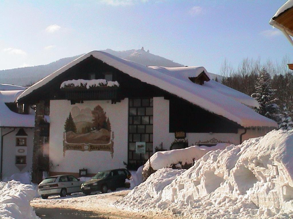 a house covered in snow with cars parked in front at Pension Bergblick in Bayerisch Eisenstein