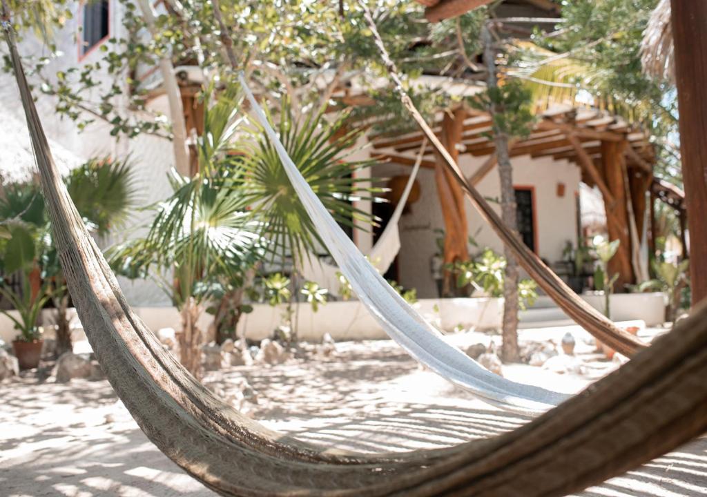 a hammock in front of a house with palm trees at Villa Los Mangles Boutique Hotel in Holbox Island