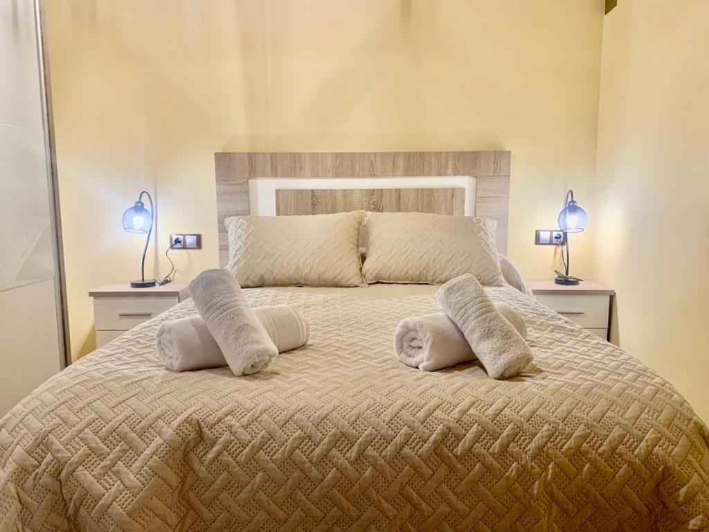 1 dormitorio con 1 cama grande y 2 almohadas en Rincon de los artesanos, en Bedmar