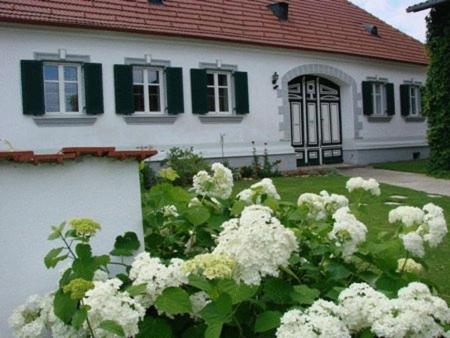 ein weißes Haus mit grünen Fenstern und weißen Blumen in der Unterkunft Arkadenhof Kurtz in Markt Allhau