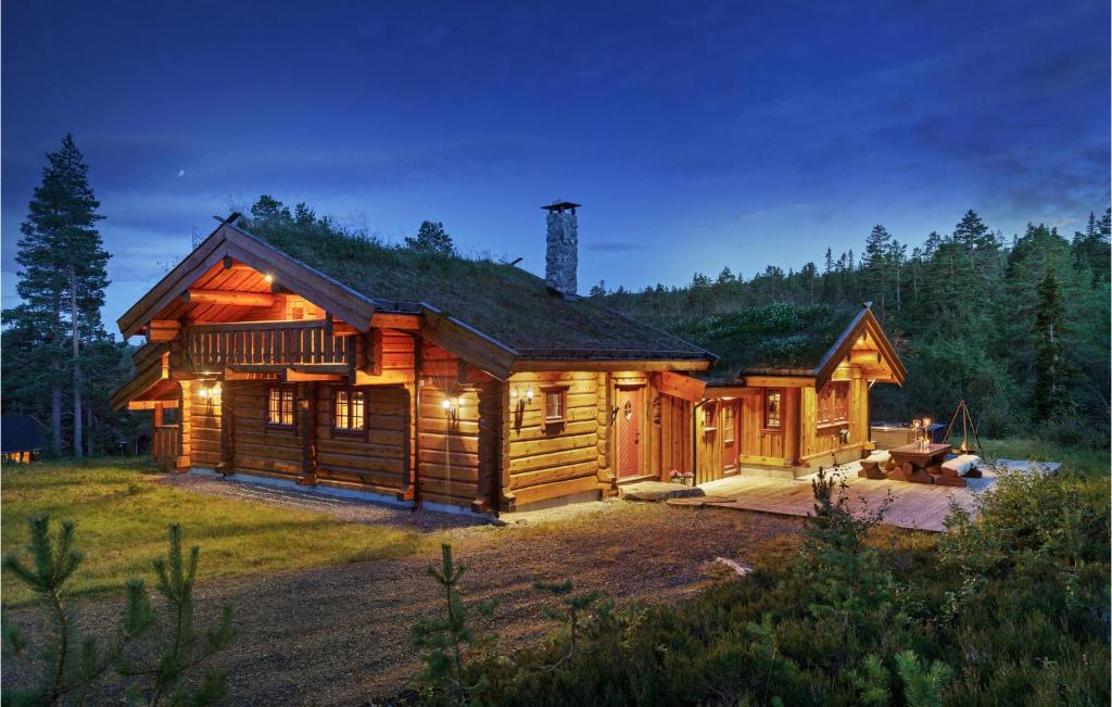 a large log cabin in the woods at night at Gorgeous Home In Lampeland With Kitchen in Lampeland