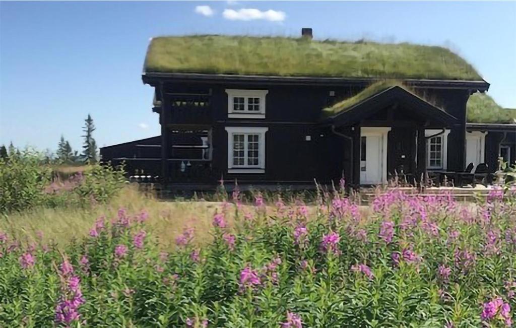 a house with a grass roof with a field of flowers at Awesome Home In Eggedal With 4 Bedrooms in Eggedal
