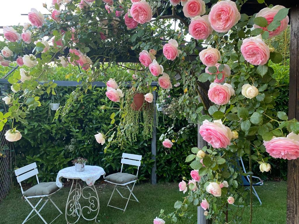 una mesa y sillas en un jardín con rosas en La Locanda Del Tevere, en Fiano Romano